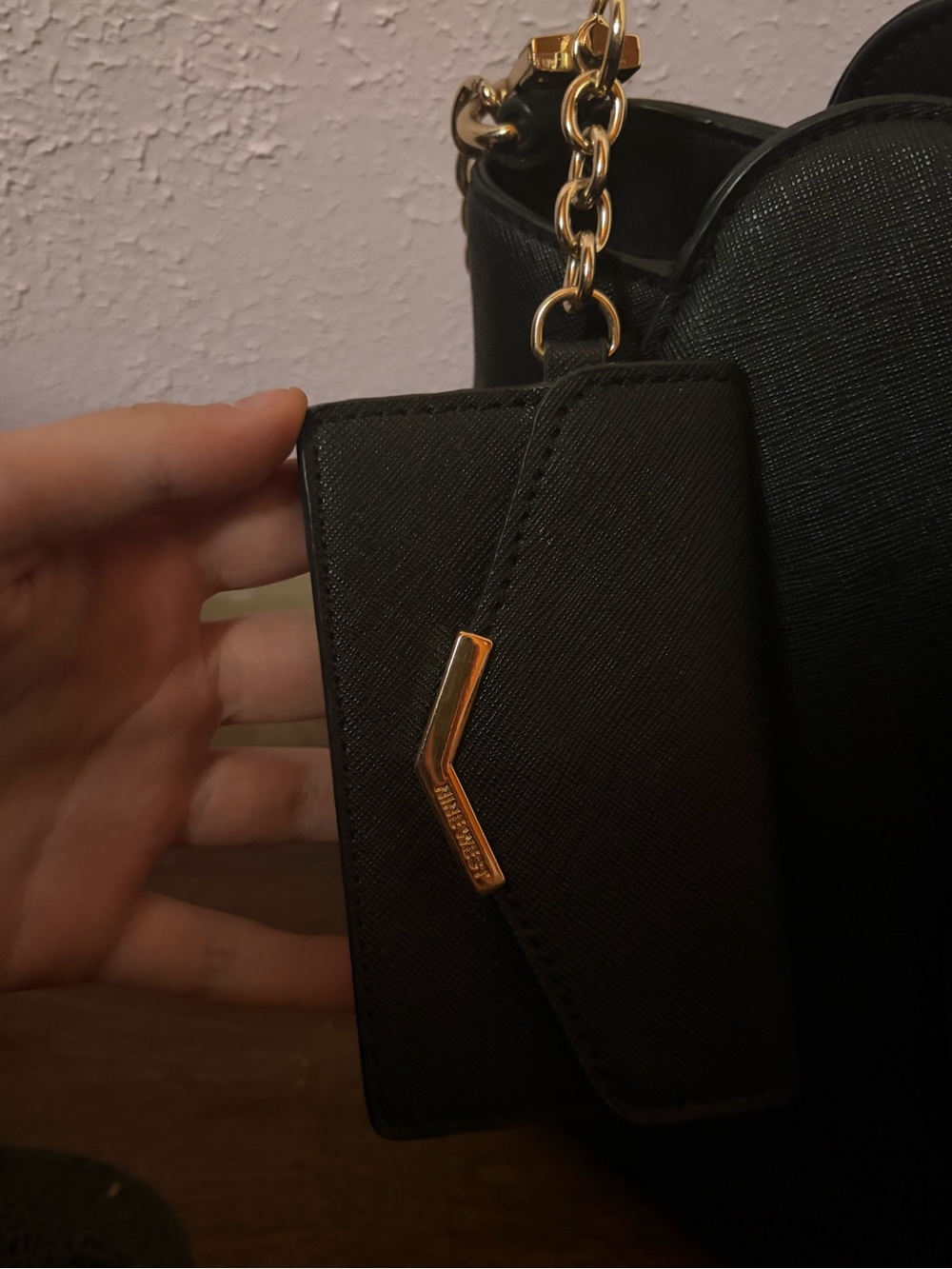 Nine West Black Saffiano Satchel with Gold Chain Accent - Picture 3 of 4